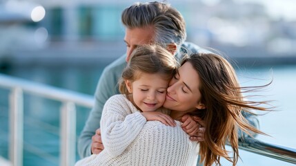 Fototapeta premium A happy family enjoying quality time together by the water, embracing warmth and love.