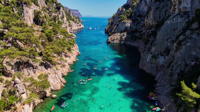 Aerial drone view of the calanques, also known as French fjords, winding bays with turquoise water among high cliffs. Provence, Alps, Cote dAzur, Marseille district, France. High quality 4k footage