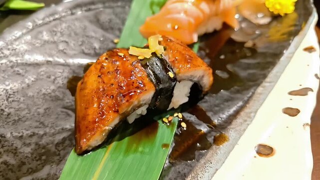 Unagi grilled eel slice sushi on plate, Japanese Seafood Cuisine, Fish Delicacy Menu, Smoky Marinade, Rotating Slow Motion