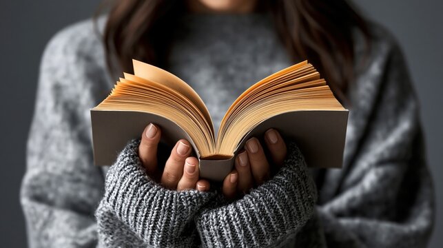 A person reading a book with cozy sweater and warm ambiance showcasing leisure enjoyment.