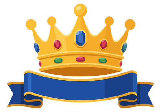 A magnificent golden crown adorned with blue and red gems, positioned directly above a classic blue banner ribbon