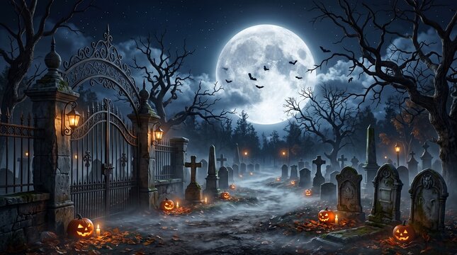 A spooky graveyard scene at night with a glowing full moon and carved pumpkins celebrating the dark atmosphere of traditional halloween
