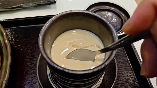 Spooning spooning up chawanmushi steamed savory egg custard from bowl, Japanese Food Cuisine, Comforting Fine Dining, Restaurant Cafe Menu
