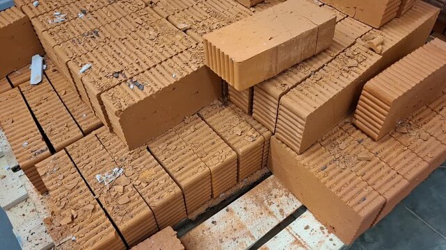 Red ceramic bricks lie on a wooden pallet. construction materials, building supply, hardware store warehouse.