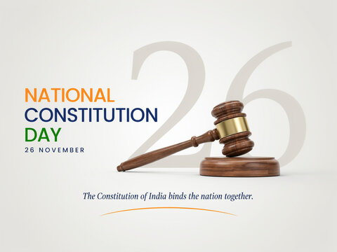 National Constitution Day banner with wooden judge gavel on sound block and 26th November tricolor typography vector