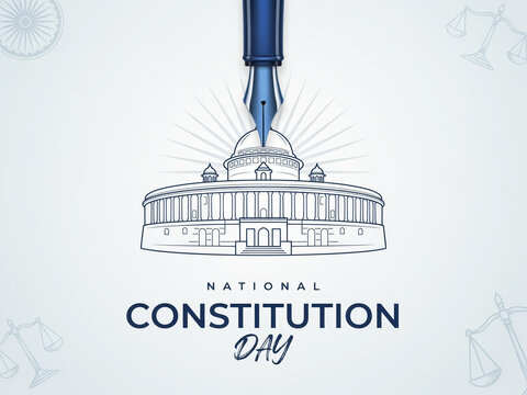 National Constitution Day minimal banner with fountain pen nib touching line art Indian Parliament House and justice scale vector