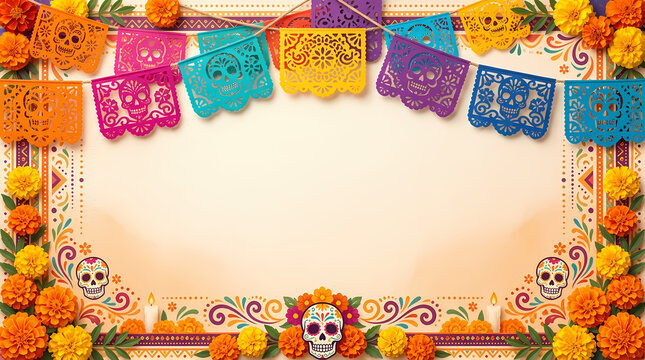 A vibrant Day of the Dead frame with colorful flowers and skulls D&Atilde;&shy;a de los Muertos Mexican Cultural Celebration