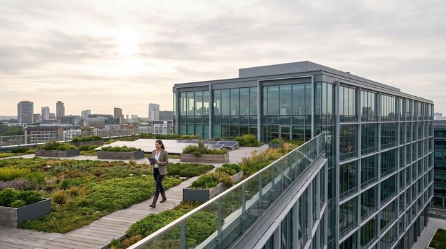 Professional businesswoman walking through sustainable rooftop garden on modern corporate office building during golden sunset hour