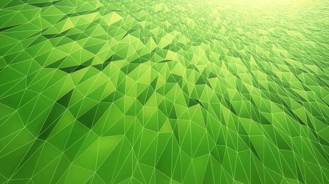 Abstract green low poly landscape animation features moving geometric triangular mesh surface with glowing horizon creating dynamic digital motion background.