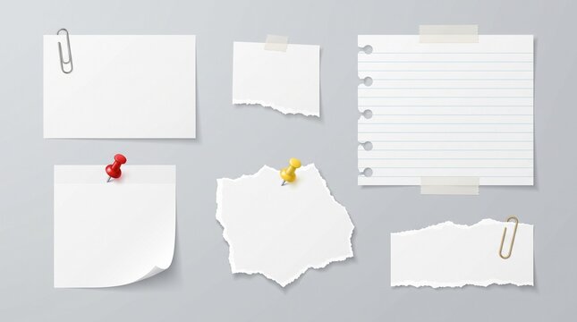 Set of realistic blank paper notes, torn pages, sticky notes with push pins, clips, and tape