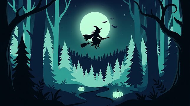 Halloween witch flying across giant moon in dense pine forest