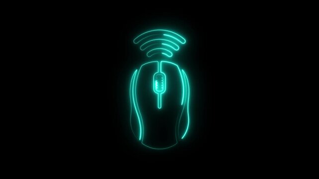 Neon blue wireless computer mouse icon on black background