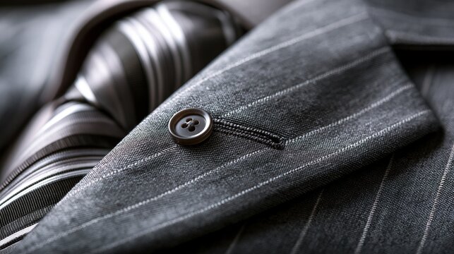 Close-up of a sleek business suit jacket and elegant striped tie.