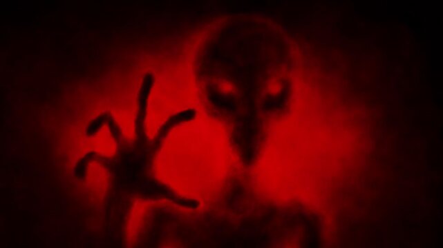 Creepy alien humanoid silhouette in light. 2D animation in sci-fi horror genre. Red background color. Vj loop video. Spooky animated short film. Gloomy ghost in haze.