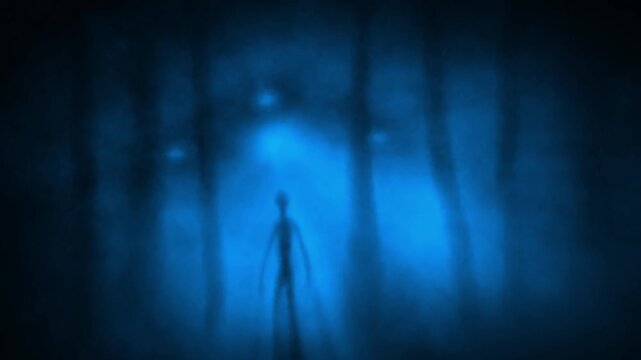 Creepy alien humanoid silhouette in rays of light. 2D animation in sci-fi horror genre. Blue background color. Vj loop video. Spooky animated short film. Gloomy ghost in haze.