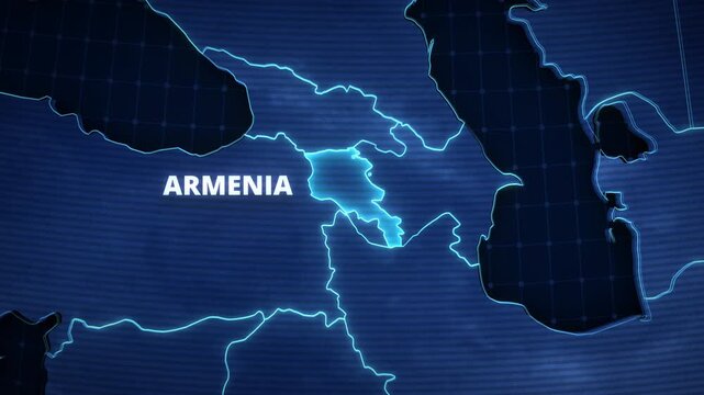 Map animation highlighting Armenia, Caucasus Region with a glowing blue border, designed as a presentation-style graphic template.
