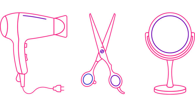 Hair dryer scissors and makeup mirror sketch isolated on a white background
