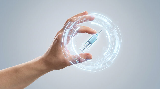 Human hand interacting with a digital hologram of a syringe to represent advanced medical research innovation and modern healthcare technology
