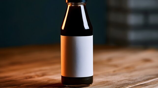 A glass bottle filled with dark liquid sits on a wooden surface under warm lighting  featuring an empty white label