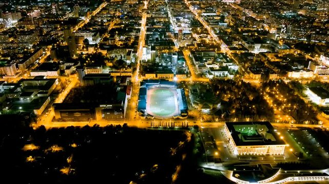 Ufa, Russia. Panorama of the city center. Night city lights. Drone footage