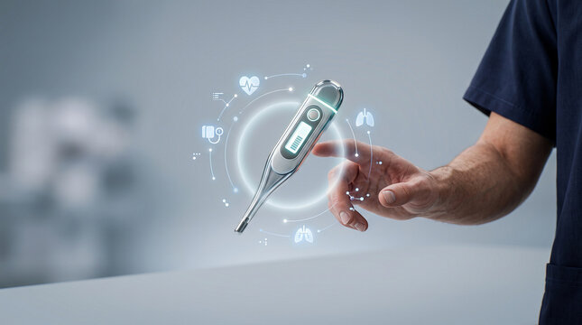 Digital thermometer floating in midair with glowing medical icons being interacted with by a professional medical doctor in blue scrubs