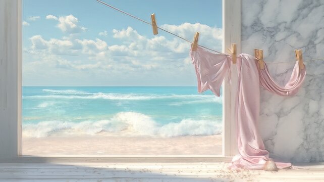 Aesthetic, painterly coastal scene with pastel toned linens hanging on a clothesline against a bright turquoise ocean and blue sky with soft clouds.
