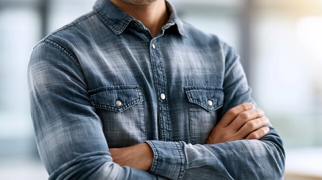 Confident man in a denim shirt, arms crossed, in a modern office environment.