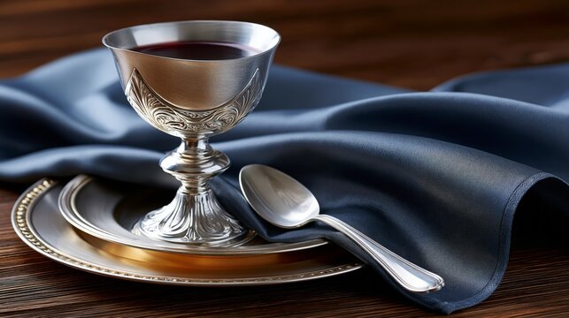 Elegant silver chalice on a dark fabric with a polished spoon and plate.