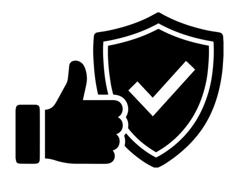 Security shield icon featuring a checkmark alongside a thumbs up gesture symbol security protection checkmark approved