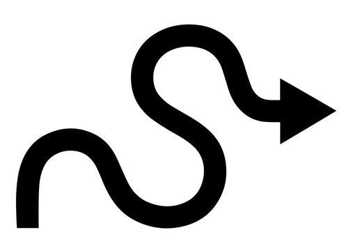 Winding black arrow icon pointing right with multiple curves representing complex route or strategy direction navigation