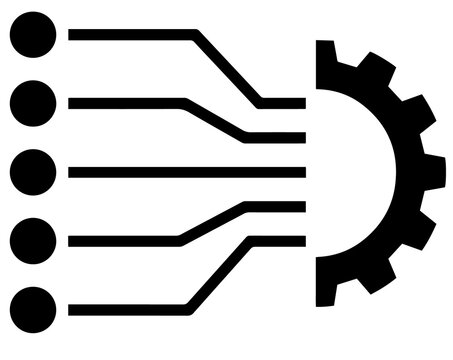 Black and white icon showing five circular data nodes connected through parallel circuit lines leading to a mechanical gear