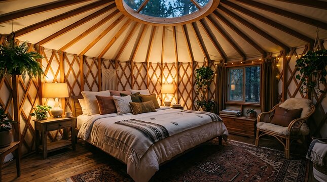 Cozy bedroom interior inside a round yurt tent with warm lighting and wooden roof beams for a peaceful night stay
