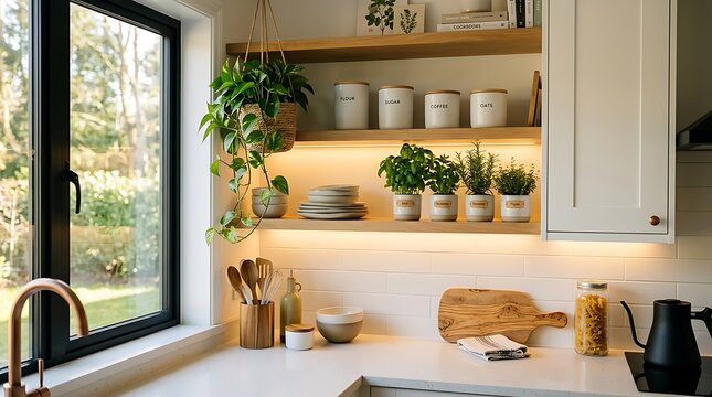 Modern kitchen interior with wooden shelves plants and cooking utensils near a bright window in a cozy home house