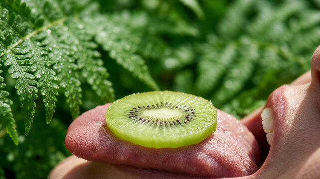 Fresh slice of vibrant green kiwi fruit resting on a human tongue during a bright sunny afternoon surrounded by green ferns