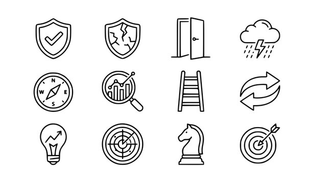 SWOT Analysis Outline Icon Set, Strengths Weaknesses Opportunities Threats Business Strategy Vector Symbols