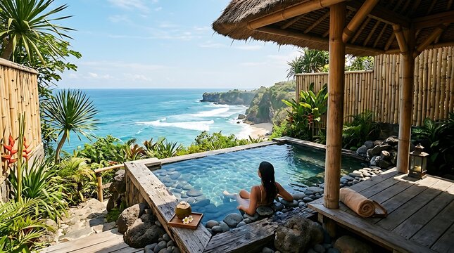 Woman relaxing in a private infinity swimming pool at a luxury tropical resort overlooking the beautiful blue ocean