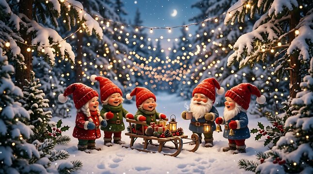 Group of cute christmas gnomes playing with a wooden sled in a snowy forest village with bright festive lights at night
