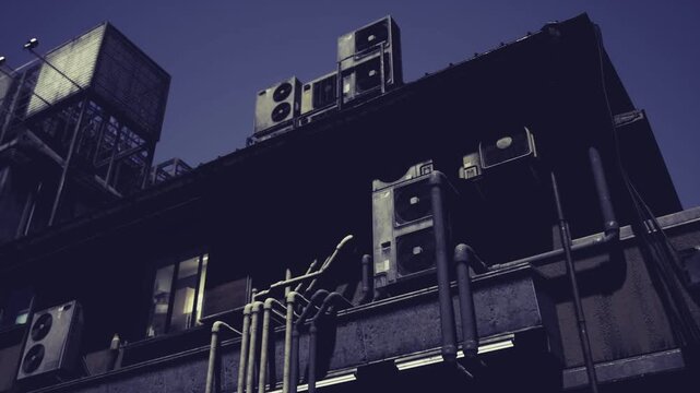 Repetitive mechanical units and pipes forming geometric pattern, symmetry and industrial rhythm, engineer planning vibe with goldenhour highlights on metal