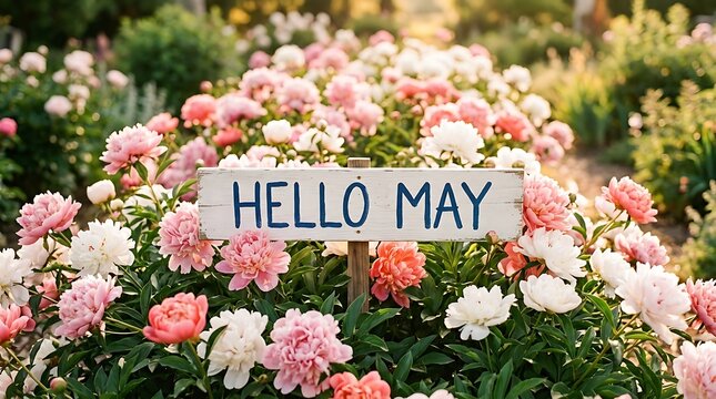 Handwritten hello may sign nestled among blooming pink and white peony flowers in a garden
