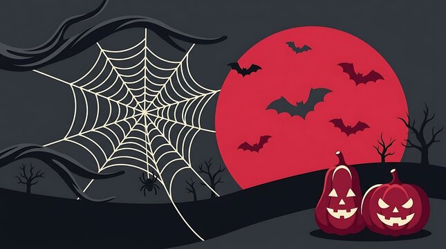 Halloween night background with spider web bats and red full moon