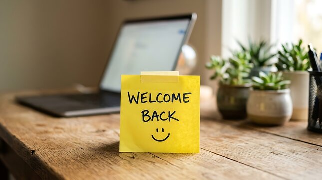 Welcome back sticky note on office desk with laptop and plants reminder workplace computer