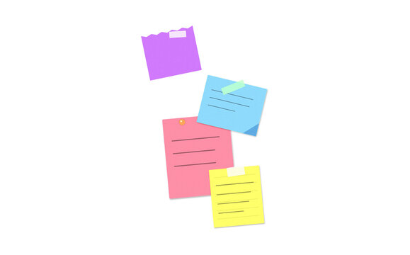 colorful purple, blue, pink, and yellow sticky notes are taped and pinned, providing a vibrant message board on a transparent background.