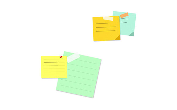 yellow and light blue sticky notes with lines are secured by tape and a red pin to a transparent background.