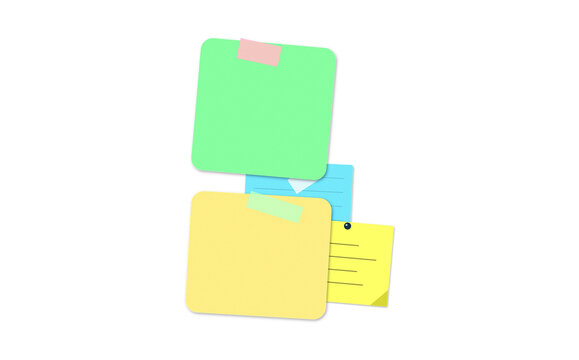multiple green, yellow, and blue sticky notes are stacked and taped, ready for important reminders on a transparent background.