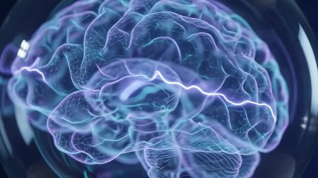 A glowing digital human brain illuminated inside a glass lightbulb symbolizing innovation and intelligence in a close-up video clip.