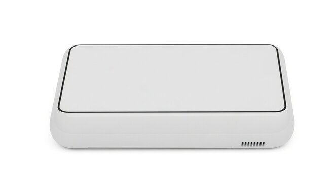 Clean white minimalist electronic device with black border and ventilation grille on a white background, isolated object