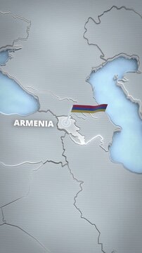 Vertical 3D map animation highlighting Armenia, Caucasus region with a national flag and text overlay for a short-form mobile travel promo.