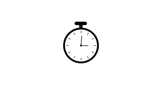 Minimalist black and white stopwatch animation featuring rapidly rotating clock hands for time management, countdown, deadline tracking, and productivity concepts in digital media projects