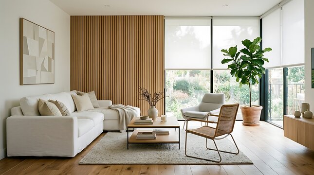 Modern living room interior with comfortable white sofa wooden wall panels large windows and indoor house plant