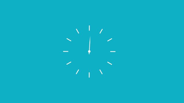 Minimalist animated clock face with rotating hands on a solid cyan background, time management, business deadlines, countdown concepts, productivity tracking, and modern motion